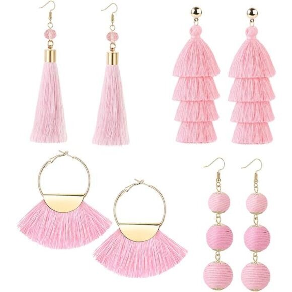 4 Pairs Pink Tassel Earrings For Women Fan Shape Tassel Earrings Long - Picture 1 of 6